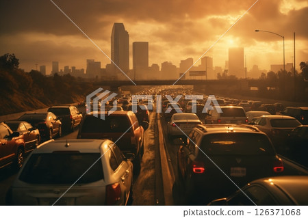 busy traffic on the city road at sunset, beautiful sunlight and urban landscape, silhouettes of skyscrapers busy traffic on the city road at sunset, beautiful sunlight and urban landscape, silhouettes of skyscrapers 126371068