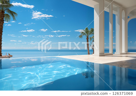 lounge area with pool and glass pavilion and a view of the summer landscape with clear blue sky 126371069