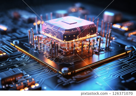a digital chip or processor on a printed circuit board, an electronics concept 126371070