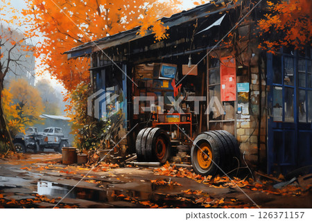 an old workshop for repair of machinery and cars against the background of beautiful autumn nature, wheels and other things around it 126371157