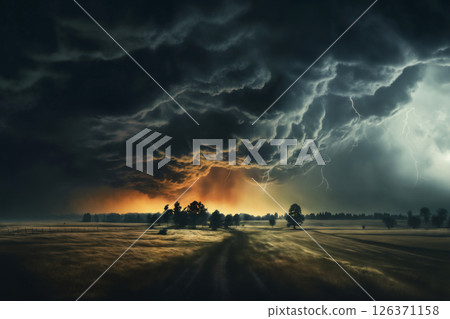 dark dramatic stormy sky with lightning and cumulus clouds over plain for abstract background 126371158