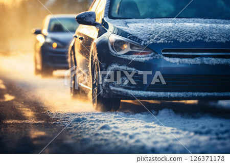 a winter snow covered road, concept of traffic safety on a slippery road 126371178