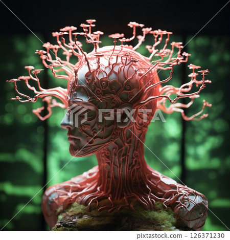 biomechanical robot, skeleton and skull with glowing eyes similar to android, with wires and tubes, humanoid on a dark green background with light particles, cyberpunk art, computer art 126371230