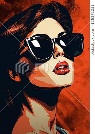 Portrait of a beautiful fashionable woman with a hairstyle and sunglasses, orange and black color background. Illustration, poster in style of the 1960s 126371231