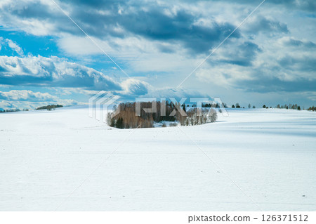 Capturing a beautiful winter landscape, featuring a snow-covered field and a tranquil forest beneath a cloudy sky, evokes a serene and peaceful atmosphere in nature's pristine setting Capturing a beautiful winter landscape, featuring a snow-covered field and a tranquil forest beneath a cloudy sky, evokes a serene and peaceful atmosphere in nature's pristine setting 126371512