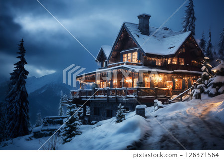 village street in winter season decorated for Christmas or New Year holiday, beautiful view of exteriors of houses , snow, sunset, street lights, festive environment village street in winter season decorated for Christmas or New Year holiday, beautiful view of exteriors of houses , snow, sunset, street lights, festive environment 126371564