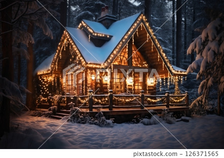 village street in winter season decorated for Christmas or New Year holiday, beautiful view of exteriors of houses , snow, sunset, street lights, festive environment village street in winter season decorated for Christmas or New Year holiday, beautiful view of exteriors of houses , snow, sunset, street lights, festive environment 126371565