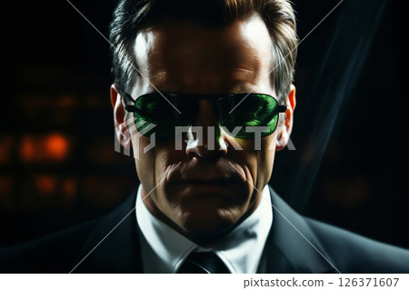 portrait of a man in business suit and sunglasses with green light and dark background 126371607