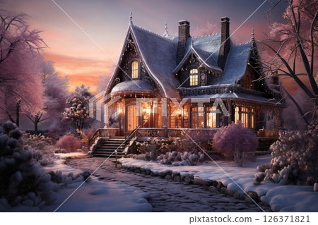 village street in winter season decorated for Christmas or New Year holiday, beautiful view of exteriors of houses , snow, sunset, street lights, festive environment village street in winter season decorated for Christmas or New Year holiday, beautiful view of exteriors of houses , snow, sunset, street lights, festive environment 126371821