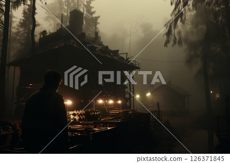 devices in a secret laboratory in a forest, wooden hut, in style of a photo reportage 126371845