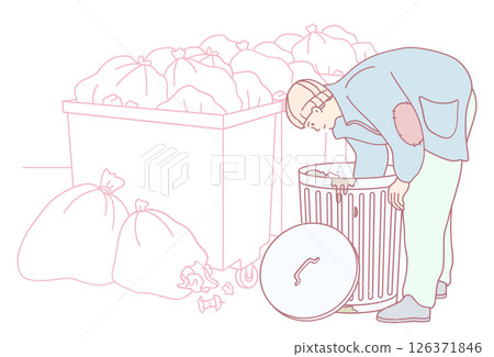 An Individual Actively Searching for Various Items in a Trash Bin or Dumpster Nearby 126371846