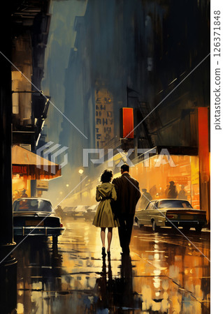 Romantic couple, man and woman, walking and embracing in a city street, at night, rainy weather, fog. Illustration, poster in the style of 1960 126371848