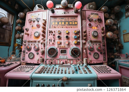 Pink analog control panel in the command center, devices for industrial and scientific research, in the style of retro science fiction Pink analog control panel in the command center, devices for industrial and scientific research, in the style of retro science fiction 126371864