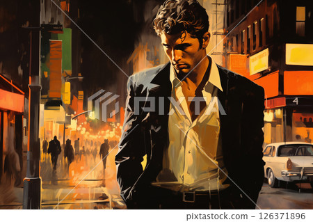 Portrait of a handsome man, in a city street, at night. Illustration poster in the style of 1960 126371896
