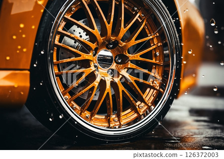 brown alloy car wheel with water droplets after rain brown alloy car wheel with water droplets after rain 126372003