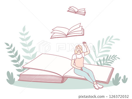 Experience a dreamy reading atmosphere where open books blend with nature, creating magic 126372032