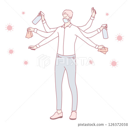 A man with multiple hands is thoroughly cleaning and disinfecting various surfaces 126372038