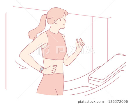 A woman runs on a treadmill in stylish activewear, showing her dedication to fitness 126372096