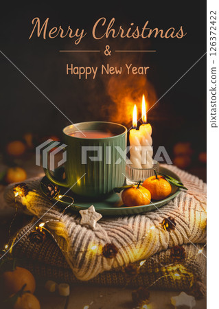 Warm cocoa, burning candles, and tangerines create a cozy atmosphere on christmas or new year's eve, surrounded by glowing lights and pine cones, greeting card 126372422