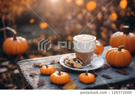 still life of a cup of hot latte and cookies and pumpkins on an old wooden table against the background of beautiful autumn nature at sunset, decoration for Halloween still life of a cup of hot latte and cookies and pumpkins on an old wooden table against the background of beautiful autumn nature at sunset, decoration for Halloween 126372600