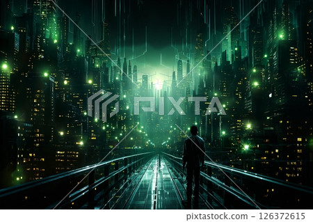 futuristic metropolis panoramic view at night, streetlights, illumination 126372615