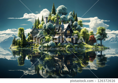 view of a small fairy-tale island and a village with fabulous houses in the middle of the sea, a summer landscape with a clear blue sky 126372616