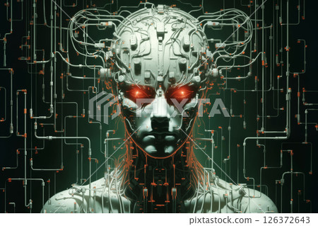 biomechanical robotl with glowing eyes similar to android, with wires and tubes, humanoid on a dark green background with light, cyberpunk art, computer art 126372643