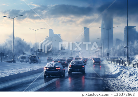 a winter snow covered road in a city, concept of traffic safety on a slippery road 126372668