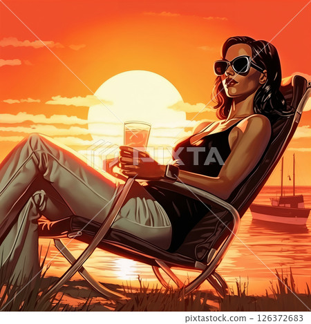 Portrait of a beautiful fashionable woman with a hairstyle and sunglasses, in an evening dress, sitting on a chaise longue and drinking a cocktail, on the beach, at sunset. Portrait of a beautiful fashionable woman with a hairstyle and sunglasses, in an evening dress, sitting on a chaise longue and drinking a cocktail, on the beach, at sunset. 126372683