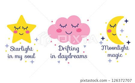 Set of cute children posters featuring a smiling star, cloud, and moon with sweet quotes. Adorable flat style illustrations 126372707