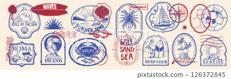 Summer travel postage ocean stamp set, vector vintage hand drawn logo, tropical vacation label kit.  126372845