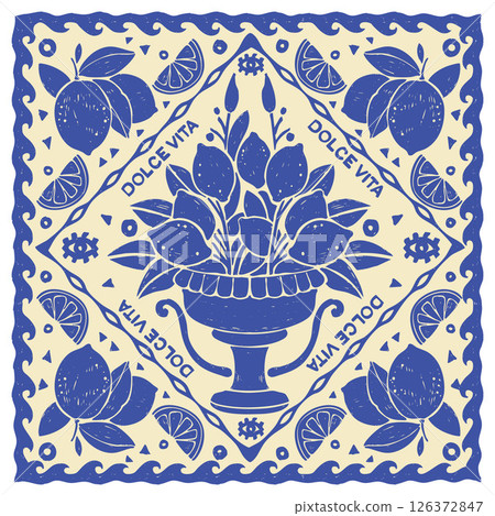 Italy lemon bandana Sicily print hand drawn summer Amalfi square handkerchief blue retro design.  126372847