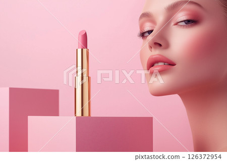 female portrait with lipstick close up. Makeup product. lipstick open tube .glamor shiny lipstick 126372954
