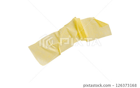 Yellow painter's tape isolated on white background, macro. Torn, crumpled, twisted strips of yellow painter's tape on white background Yellow painter's tape isolated on white background, macro. Torn, crumpled, twisted strips of yellow painter's tape on white background 126373168