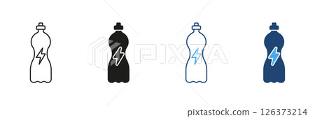 Sports Drink Bottle With Lightning Bolt Line and Silhouette Icon Set. Vitality And Stimulation Outline and Solid Symbol. Refreshment And Power. Editable Stroke. Isolated Vector Illustration 126373214