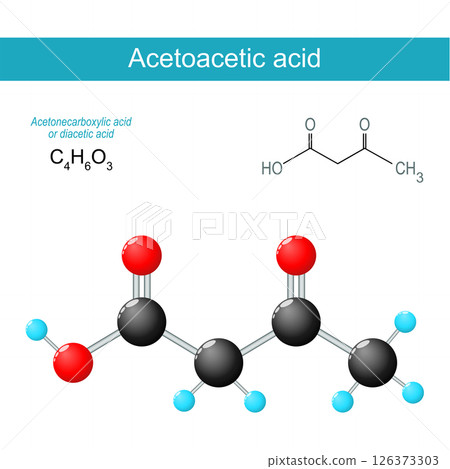 Acetoacetic acid molecule. Molecular chemical structural formula Acetoacetic acid molecule. Molecular chemical structural formula 126373303