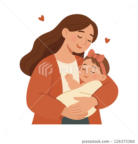 Mother Holding Newborn Baby, Vector Illustration. Happy Mom Embracing Infant. Flat Style Cartoon Maternity Concept for Mothers Day, Parenting, Family Love, Childcare, Baby Care Design 126373360
