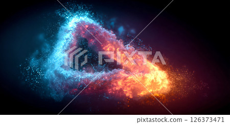 Dynamic triangle shape formed by vibrant blue and orange swirling energy, creating a fiery and icy contrast. The high-energy effect suggests motion, heat, and cold in a seamless blend Dynamic triangle shape formed by vibrant blue and orange swirling energy, creating a fiery and icy contrast. The high-energy effect suggests motion, heat, and cold in a seamless blend 126373471