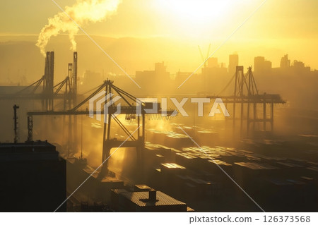 Container terminal operations at sunset highlighting industrial activity and cargo logistics 126373568