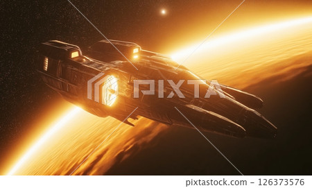 Spaceship travels near a blazing star, showcasing exploration in a distant galaxy 126373576