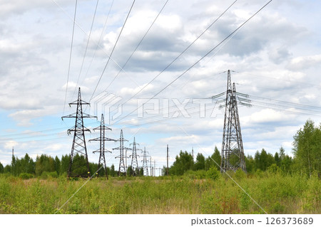 power lines against backdrop of nature in summer, Russia 126373689