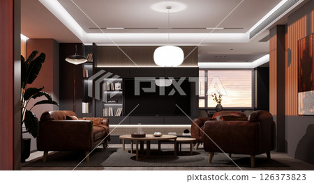 Living room bathed in crisp, cool white lighting, emphasizing its modern and sophisticated design Living room bathed in crisp, cool white lighting, emphasizing its modern and sophisticated design 126373823