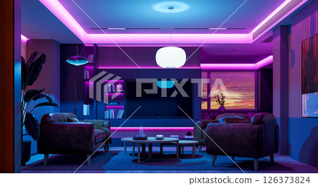 The living room is transformed by vibrant, colored lighting The living room is transformed by vibrant, colored lighting 126373824