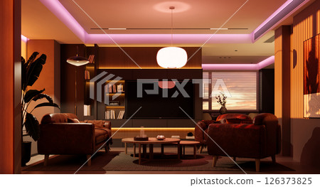 The living room in a warm "sunrise mode" of lighting The living room in a warm "sunrise mode" of lighting 126373825