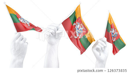 Hand holding flag of Lithuania with Coat of arms. Isolated 3d Rendering Hand holding flag of Lithuania with Coat of arms. Isolated 3d Rendering 126373835