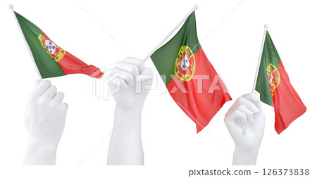 Hand holding flag of Portugal. Isolated 3d Rendering Hand holding flag of Portugal. Isolated 3d Rendering 126373838