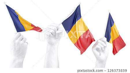 Hand holding flag of Romania. Isolated 3d Rendering Hand holding flag of Romania. Isolated 3d Rendering 126373839