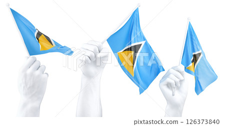 Hand holding flag of Saint Lucia. Isolated 3d Rendering Hand holding flag of Saint Lucia. Isolated 3d Rendering 126373840