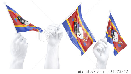 Hand holding flag of Eswatini (Swaziland). Isolated 3d Rendering Hand holding flag of Eswatini (Swaziland). Isolated 3d Rendering 126373842