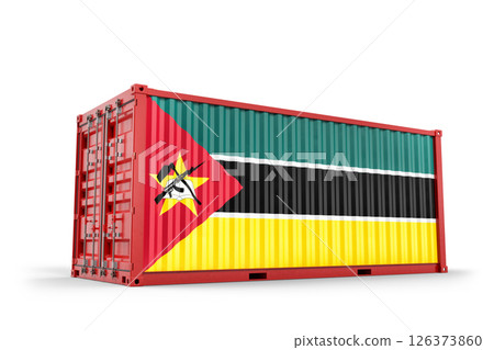 Mozambican flag painted on cargo container representing international trade and transportation. 3D Rendering 126373860